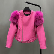 Teonclothingshop Hot Pink / XS Coat Bust 88cm 2023 Luxury women's jackets made of real lambskin with fur