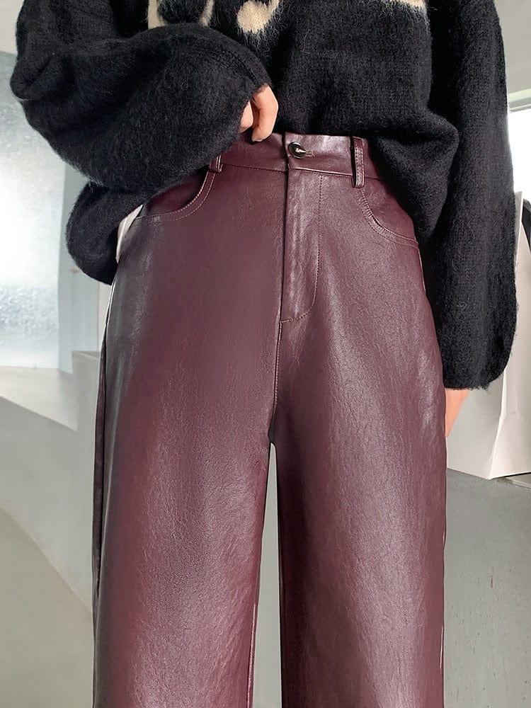 Teonclothingshop Autumn Winter PU Leather Pants Women's Elegant High Waist Pants with Faux Leather Pockets