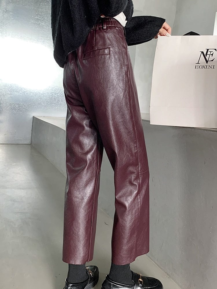 Teonclothingshop Autumn Winter PU Leather Pants Women's Elegant High Waist Pants with Faux Leather Pockets