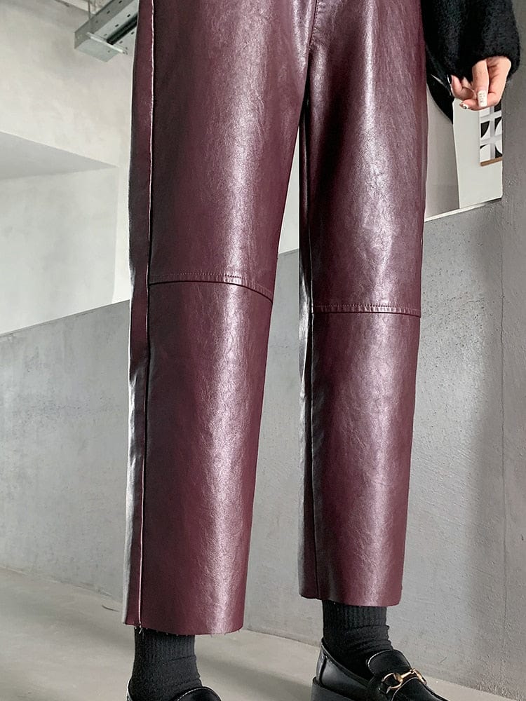 Teonclothingshop Autumn Winter PU Leather Pants Women's Elegant High Waist Pants with Faux Leather Pockets