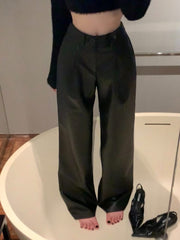 Teonclothingshop Black leather pants, Women's elegant casual high-waist wide leg pants