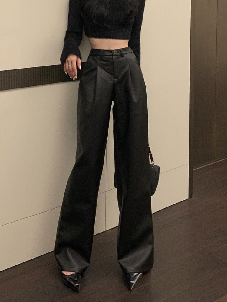 Teonclothingshop Black leather pants, Women's elegant casual high-waist wide leg pants