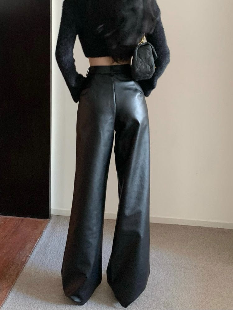 Teonclothingshop Black leather pants, Women's elegant casual high-waist wide leg pants
