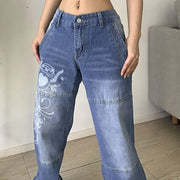 Teonclothingshop Cargo Jeans With Print, Navy Blue Wide Leg High Waist 90s Baggy Jeans