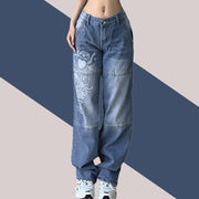 Teonclothingshop Cargo Jeans With Print, Navy Blue Wide Leg High Waist 90s Baggy Jeans