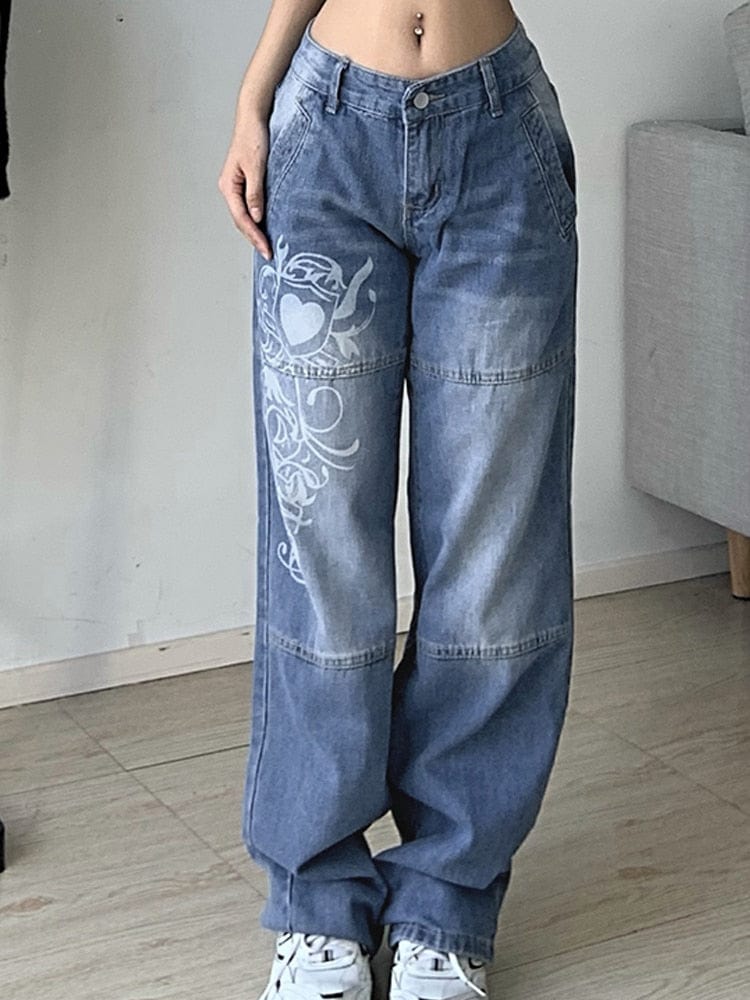 Teonclothingshop Cargo Jeans With Print, Navy Blue Wide Leg High Waist 90s Baggy Jeans