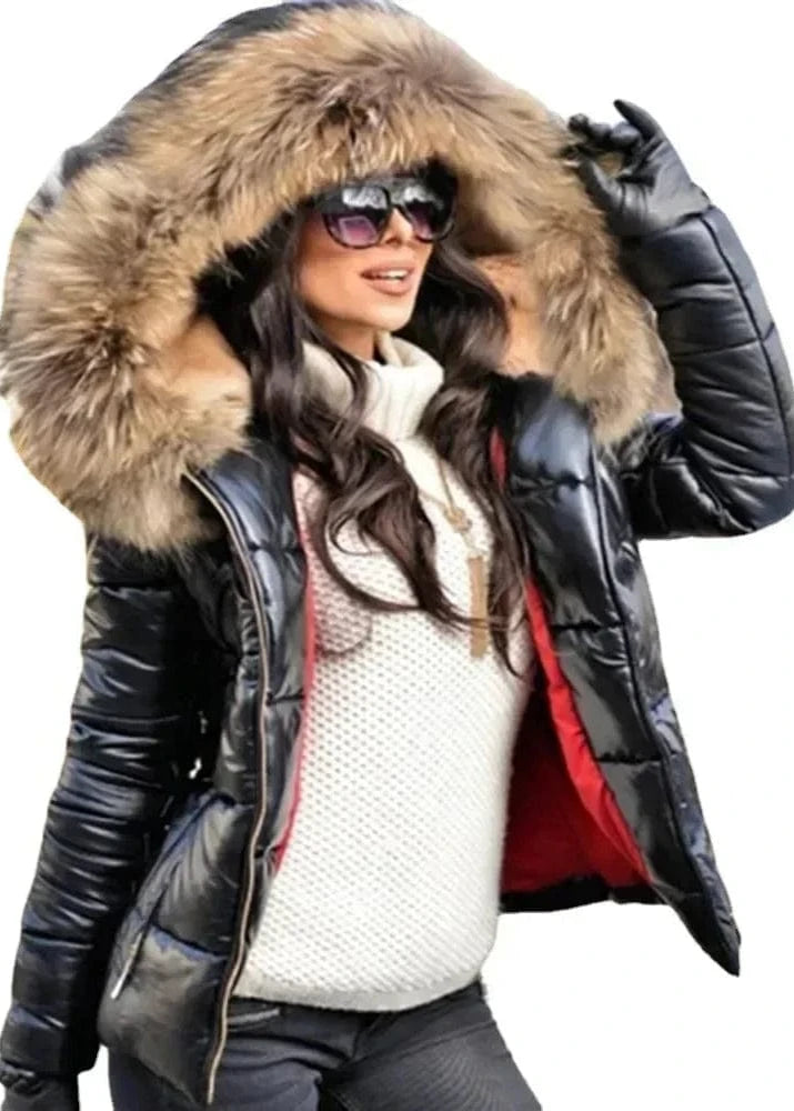 Woman wearing a black leather jacket with a fur-lined hood on a white background