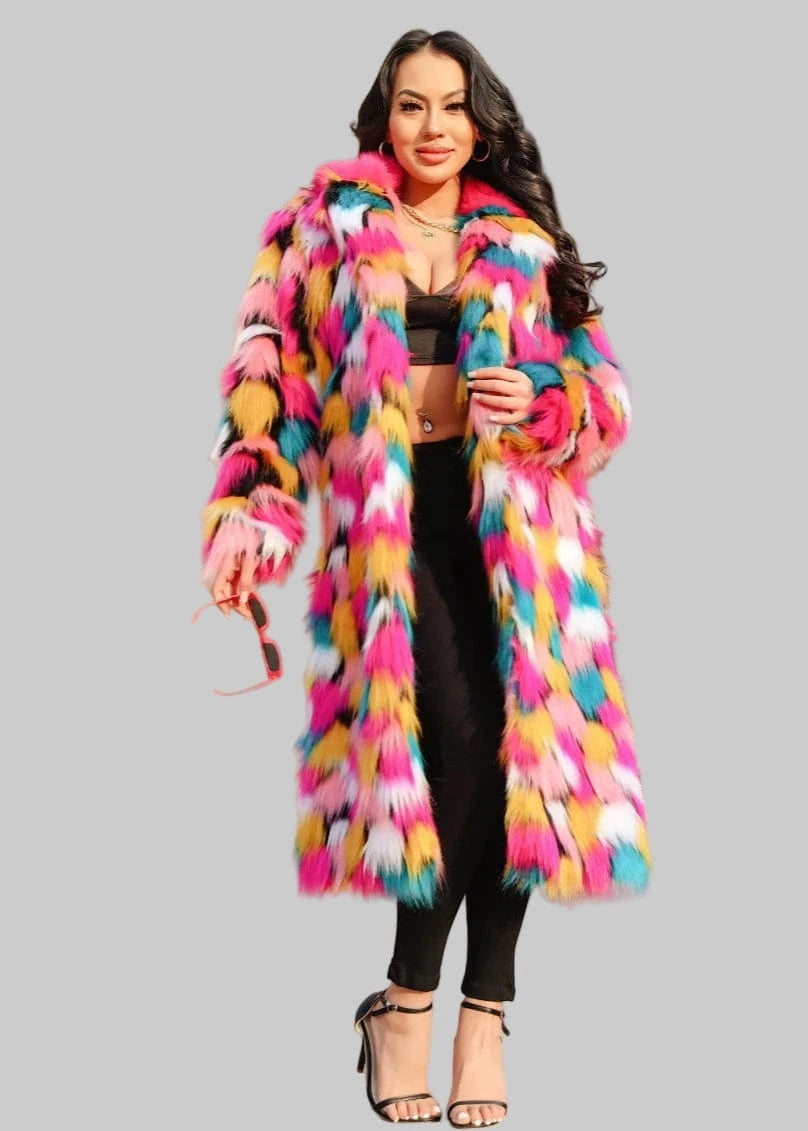 Woman wearing a colorful fur coat in an urban setting