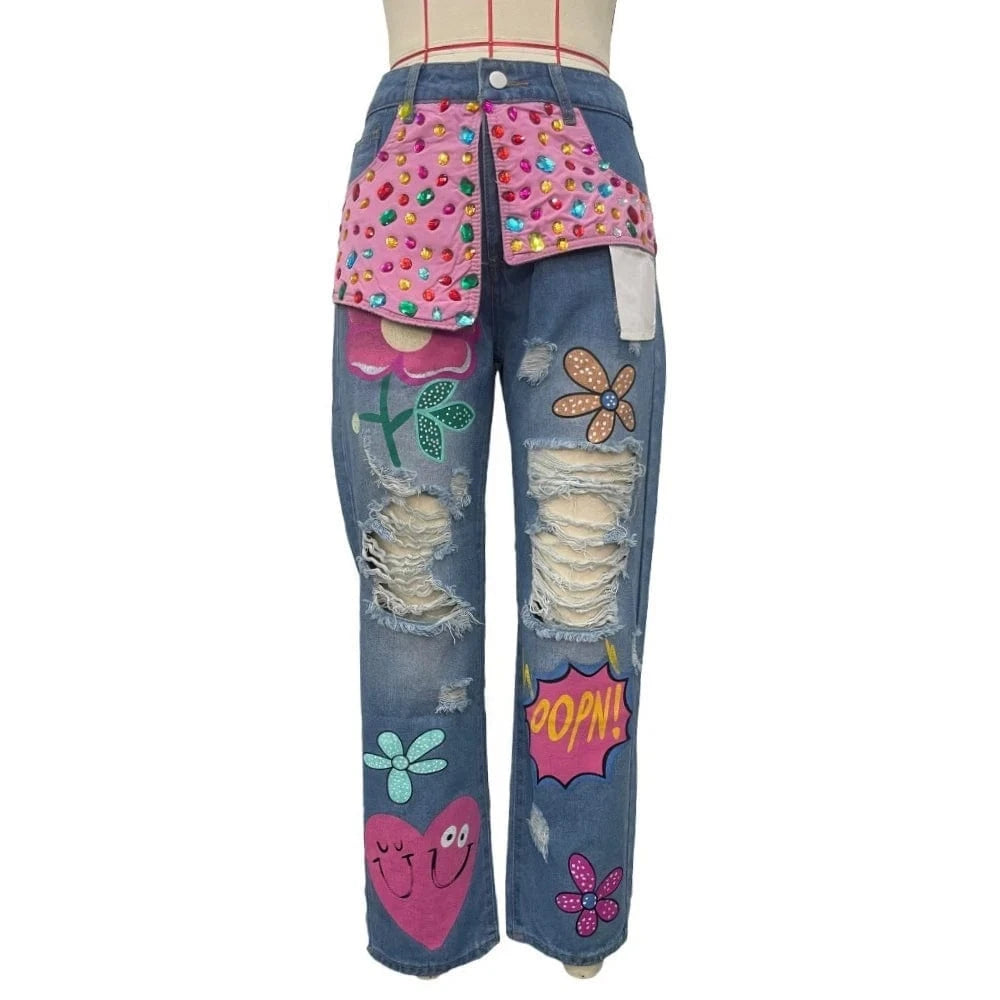 Teonclothingshop Hole Fashion Print Diamond Splicing Loose Jeans Women