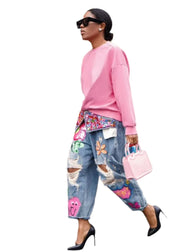 Teonclothingshop Hole Fashion Print Diamond Splicing Loose Jeans Women