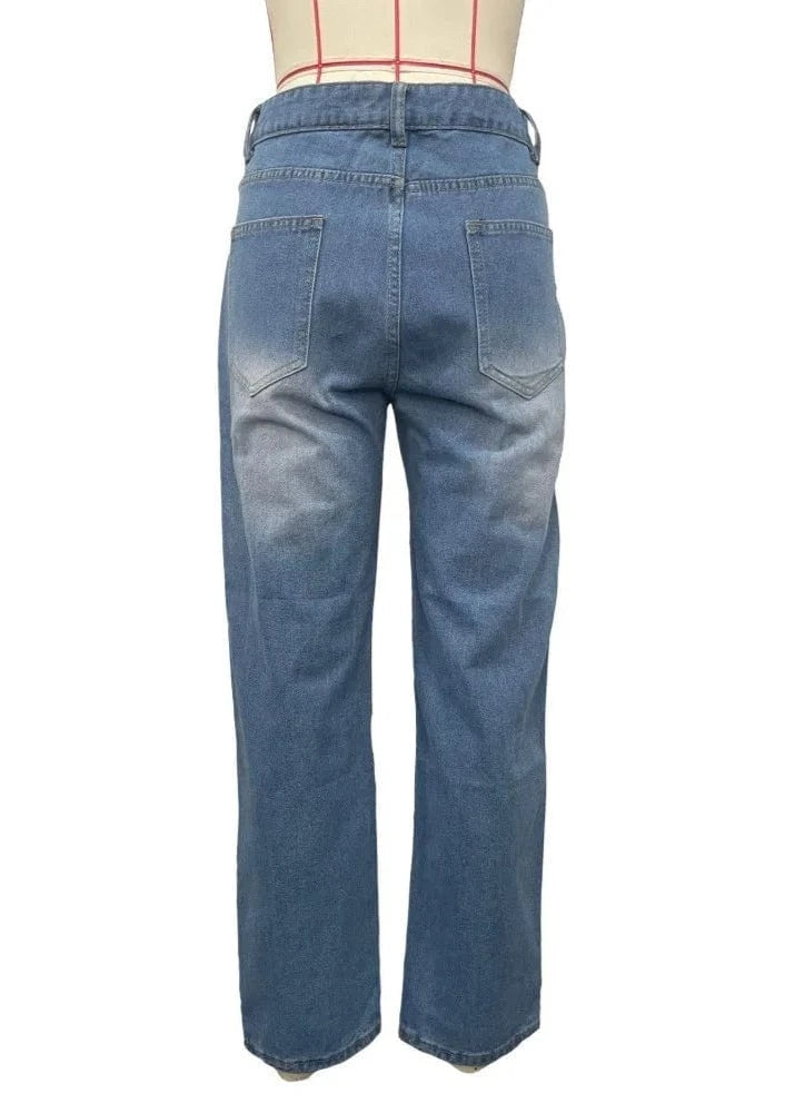 Teonclothingshop Hole Fashion Print Diamond Splicing Loose Jeans Women