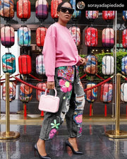 Teonclothingshop Hole Fashion Print Diamond Splicing Loose Jeans Women