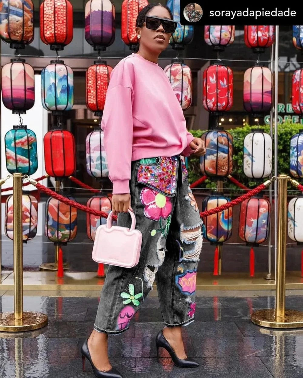 Teonclothingshop Hole Fashion Print Diamond Splicing Loose Jeans Women