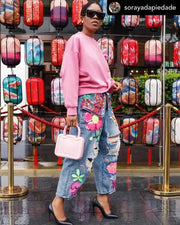 Teonclothingshop Hole Fashion Print Diamond Splicing Loose Jeans Women