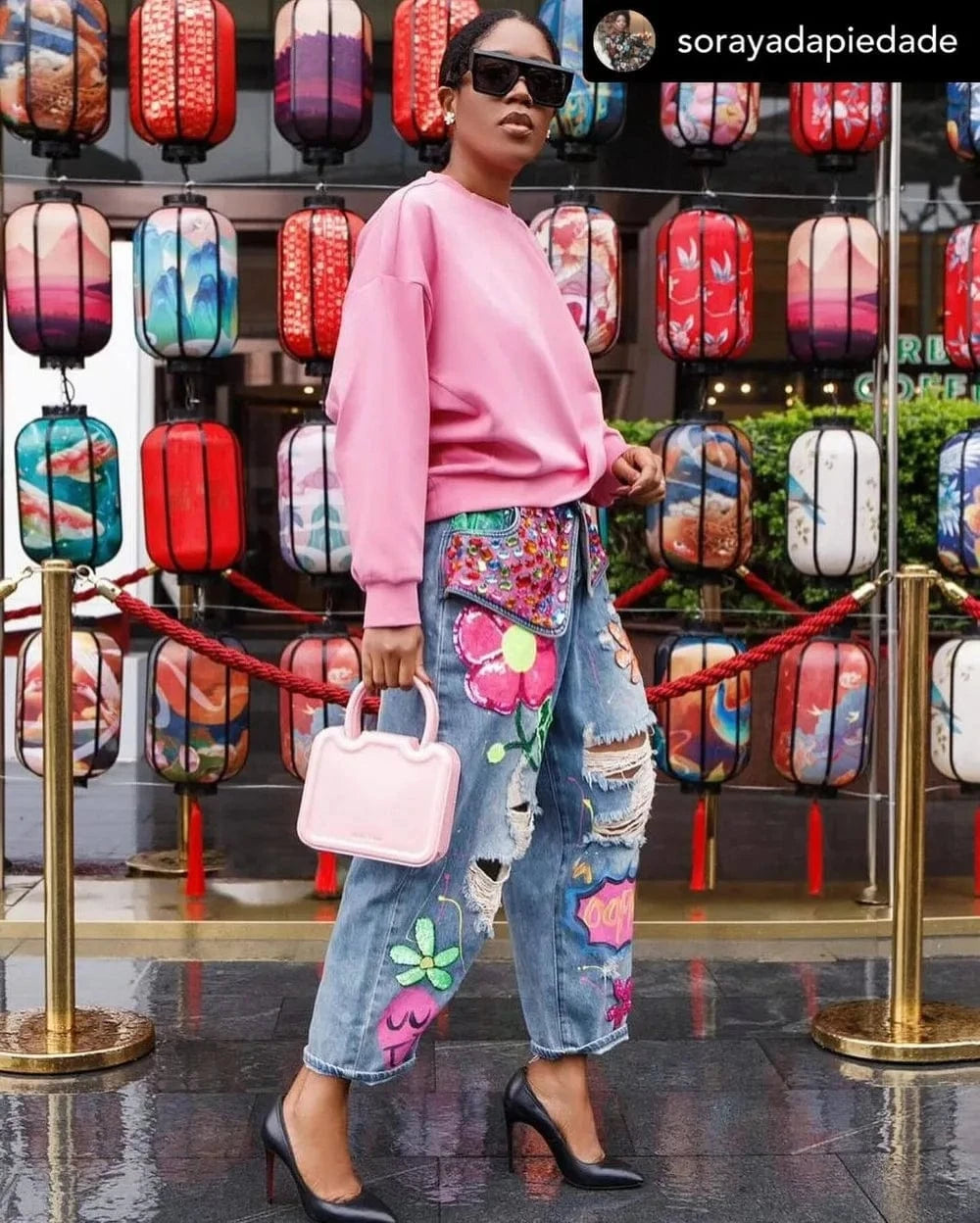 Teonclothingshop Hole Fashion Print Diamond Splicing Loose Jeans Women