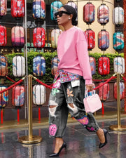 Teonclothingshop Hole Fashion Print Diamond Splicing Loose Jeans Women