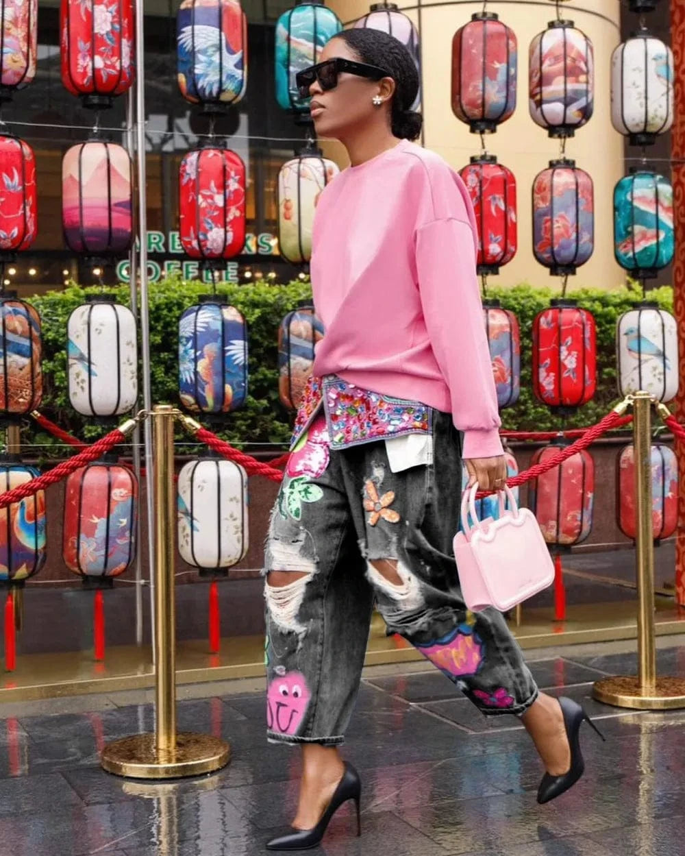 Teonclothingshop Hole Fashion Print Diamond Splicing Loose Jeans Women