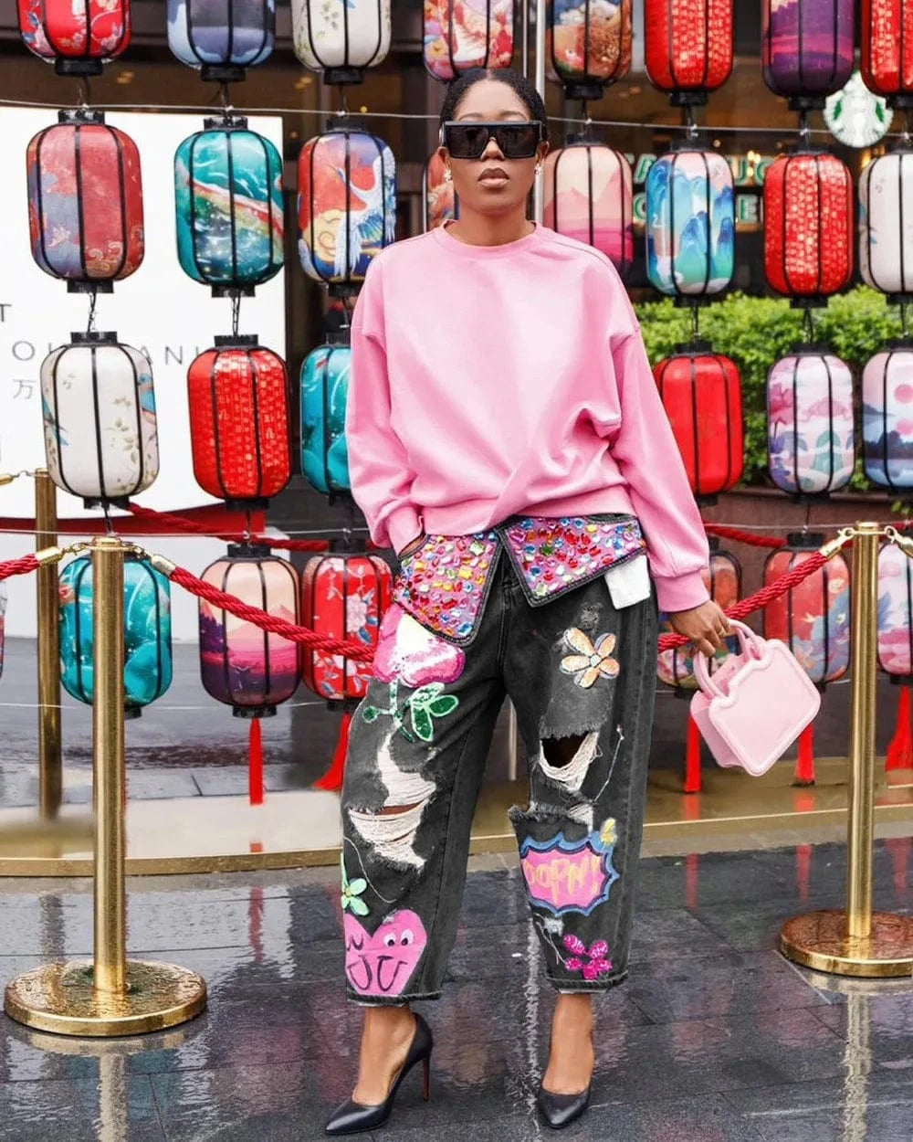 Teonclothingshop Hole Fashion Print Diamond Splicing Loose Jeans Women