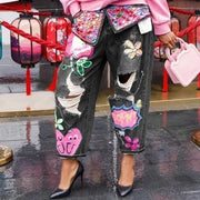 Teonclothingshop Hole Fashion Print Diamond Splicing Loose Jeans Women