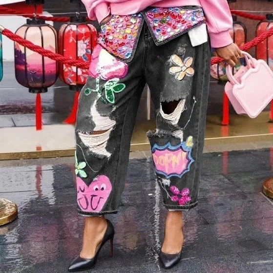 Teonclothingshop Hole Fashion Print Diamond Splicing Loose Jeans Women