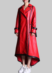 Person wearing a red leather coat with black trim against a gray background, featuring the brand 'Lautaro'.