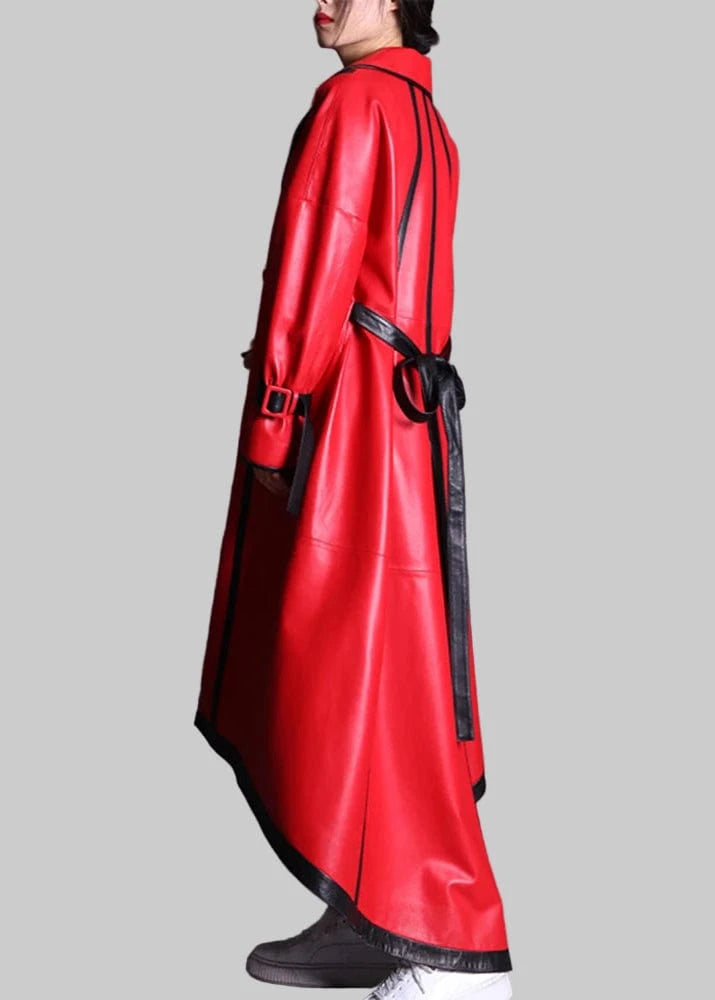 Red leather coat with black accents worn by a person against a gray background, featuring the brand 'Lauzaro'.