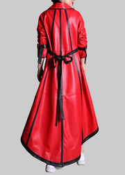 Red leather coat with black accents worn by a person against a gray background