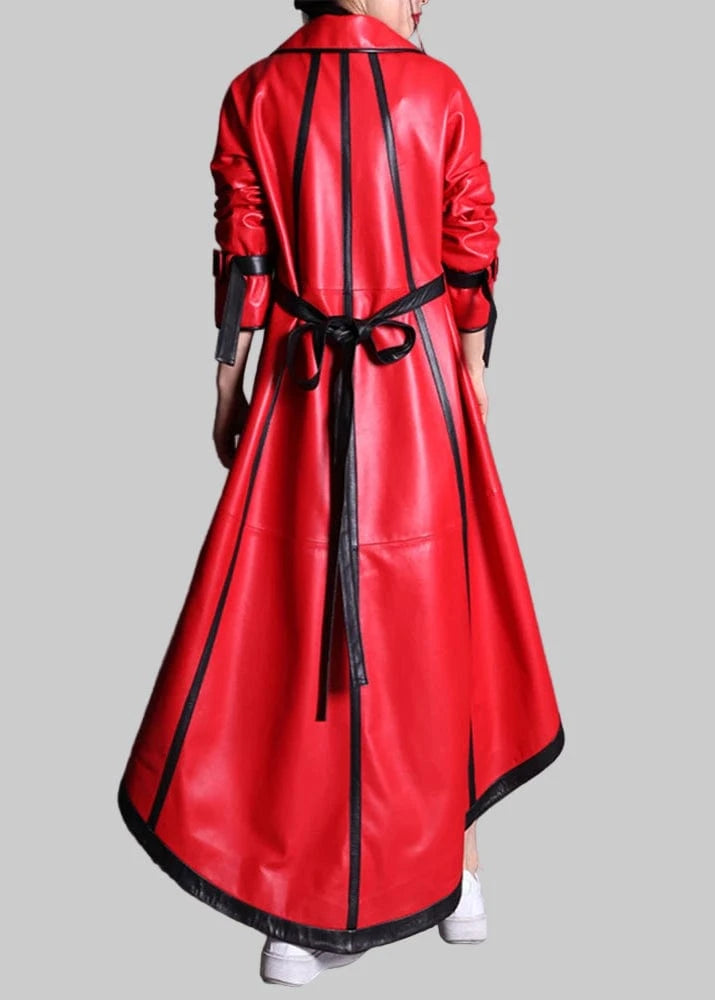 Red leather coat with black accents worn by a person against a gray background