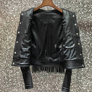 Teonclothingshop Luxury Rivet Tassel Leather Jacket