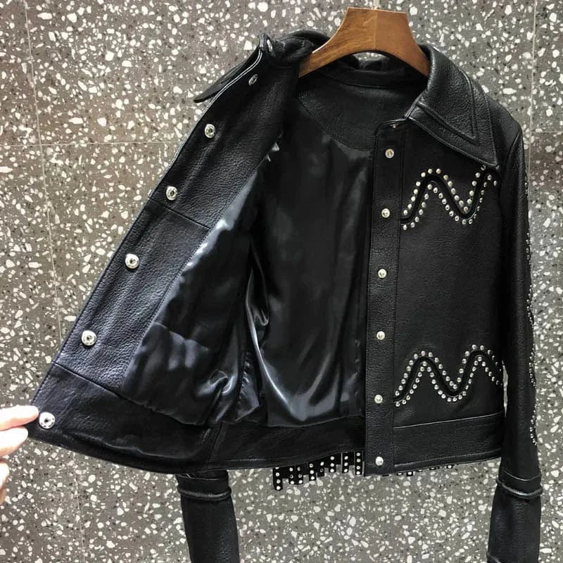 Teonclothingshop Luxury Rivet Tassel Leather Jacket