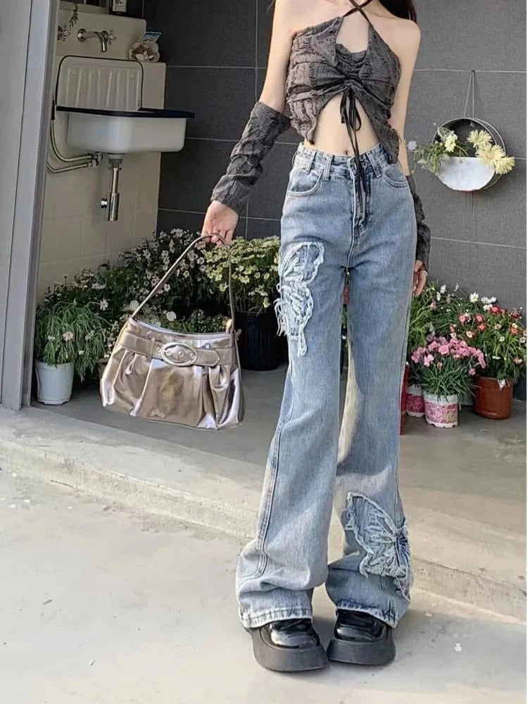 Teonclothingshop Retro Butterfly Embroidered Jeans