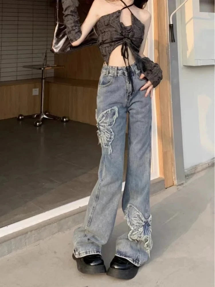 Teonclothingshop Retro Butterfly Embroidered Jeans