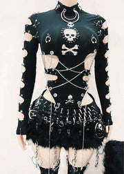 Gothic-style outfit with skull and crossbones design on a plain background