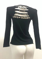Black long-sleeve shirt with 'LOVE TARGET!' text on a mannequin against a white background