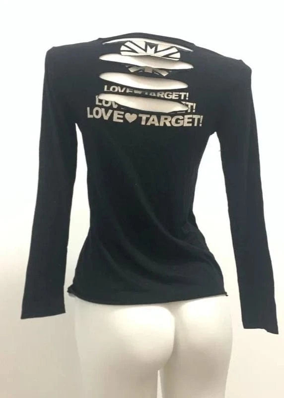 Black long-sleeve shirt with 'LOVE TARGET!' text on a mannequin against a white background