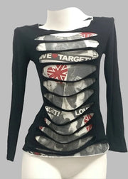 Black long-sleeve shirt with cut-out design and visible branding on a mannequin against a white background.