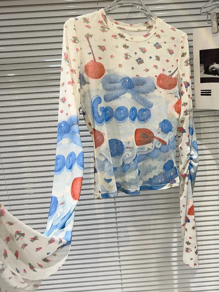 Teonclothingshop Trendy Sheer Fruit Print T-Shirt