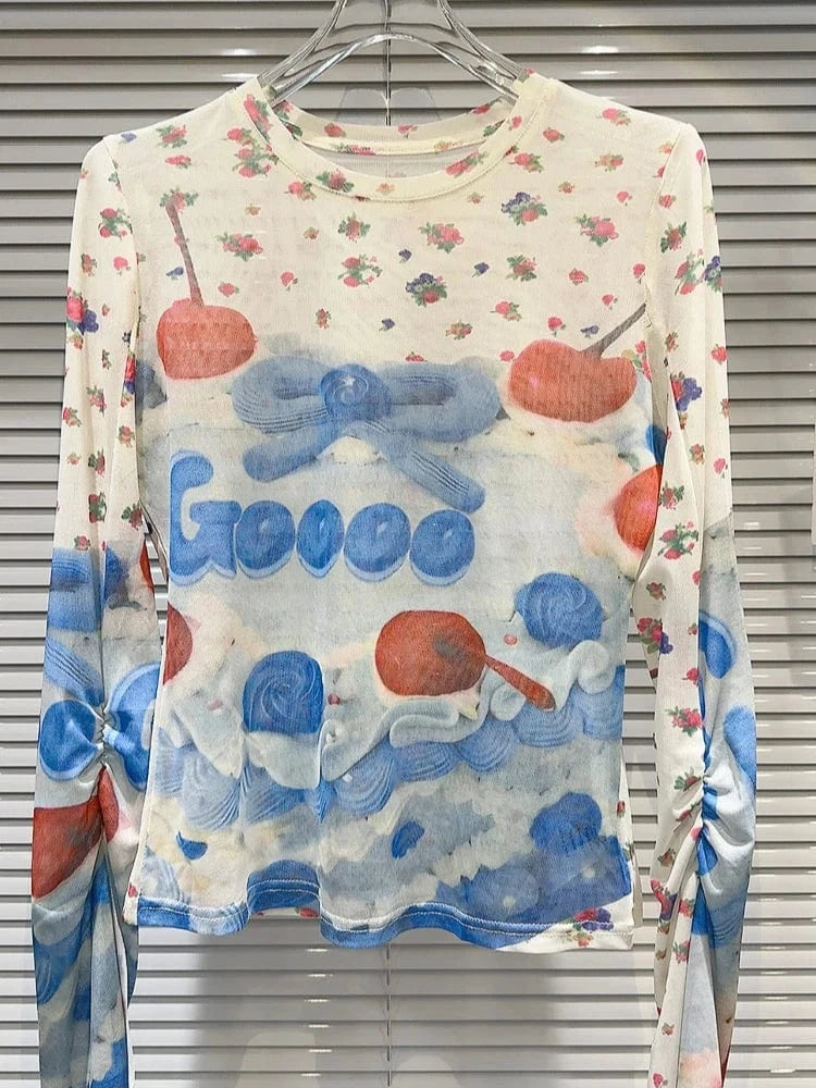 Teonclothingshop Trendy Sheer Fruit Print T-Shirt