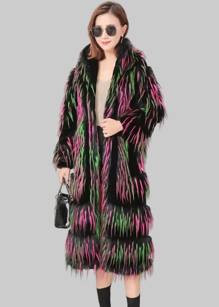 Woman wearing a colorful fur coat with a mauroicardi label in the background.