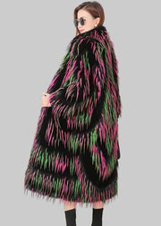 Person wearing a colorful fur coat with a blurred background
