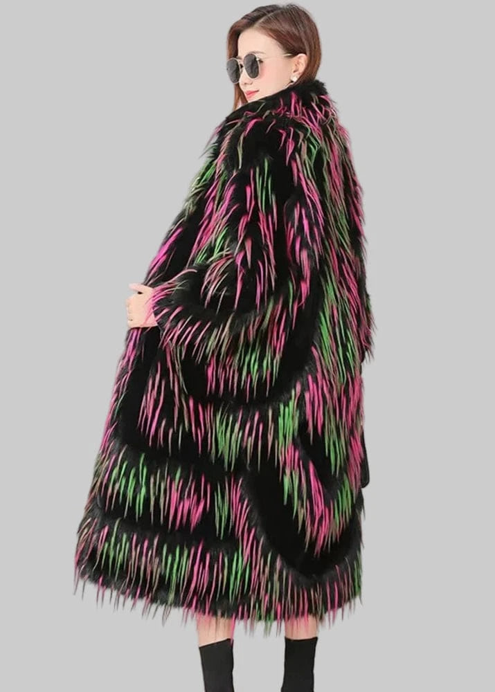 Person wearing a colorful fur coat with a blurred background