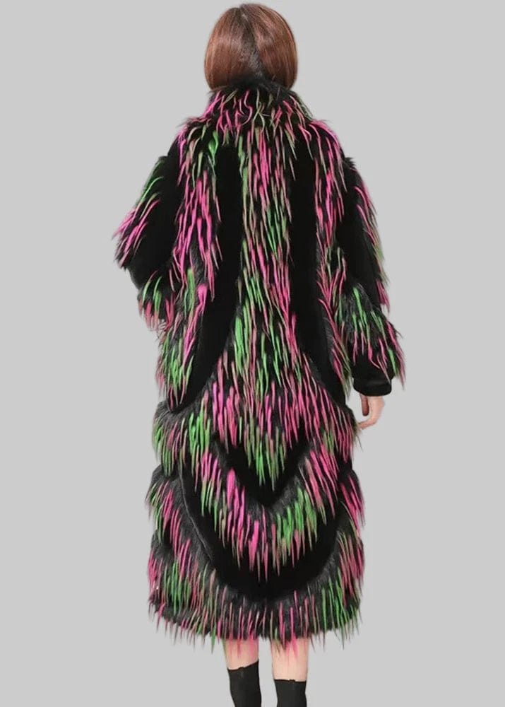 Person wearing a colorful fur coat with a blurred background