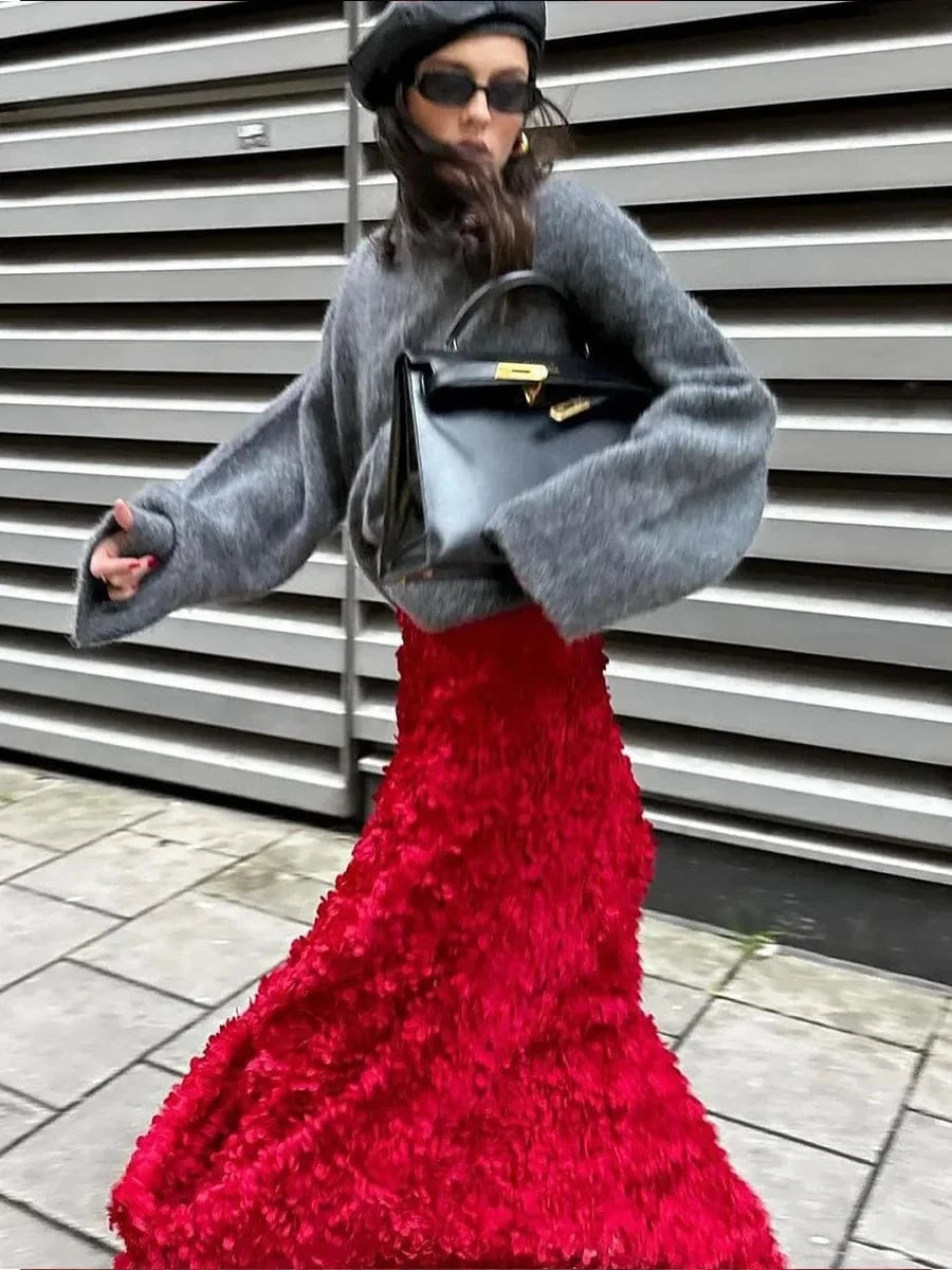 Teonclothingshop Winter Red Fashion Long Petal Skirt