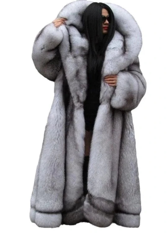 Long fur coat worn by a person on a white background