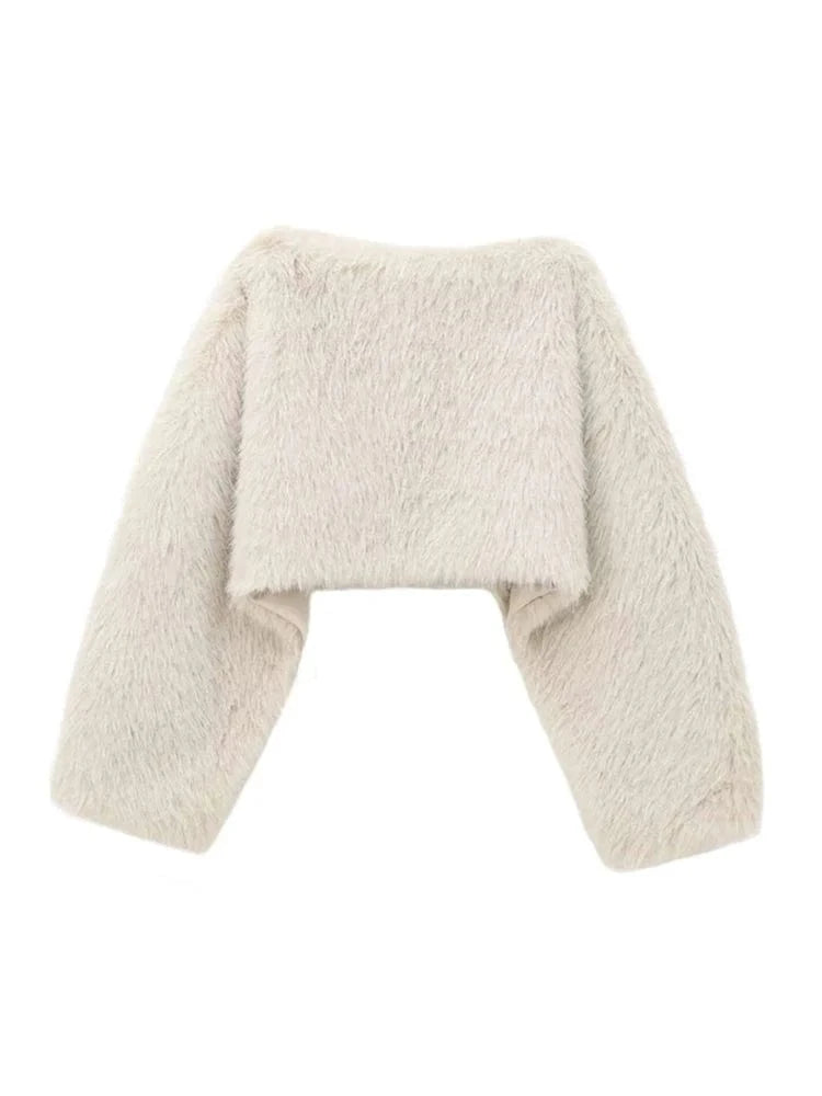 Teonclothingshop Women's Crop Faux Fur Coat Street O-neck Long Sleeve
