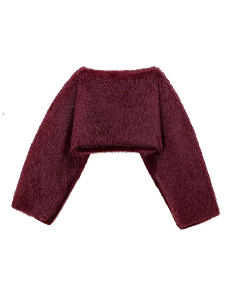 Teonclothingshop Women's Crop Faux Fur Coat Street O-neck Long Sleeve