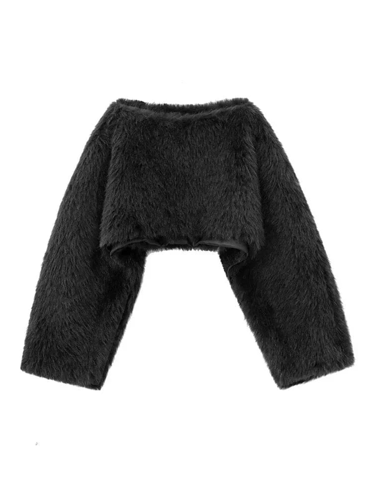 Teonclothingshop Women's Crop Faux Fur Coat Street O-neck Long Sleeve