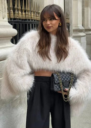 Teonclothingshop Women's Crop Faux Fur Coat Street O-neck Long Sleeve