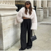 Teonclothingshop Women's Crop Faux Fur Coat Street O-neck Long Sleeve