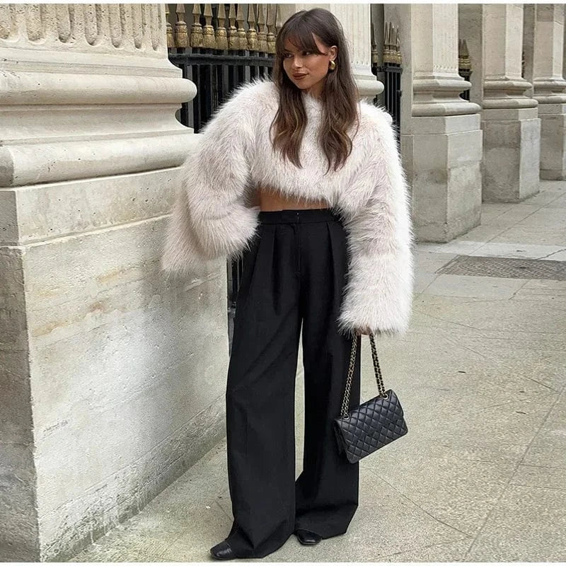 Teonclothingshop Women's Crop Faux Fur Coat Street O-neck Long Sleeve